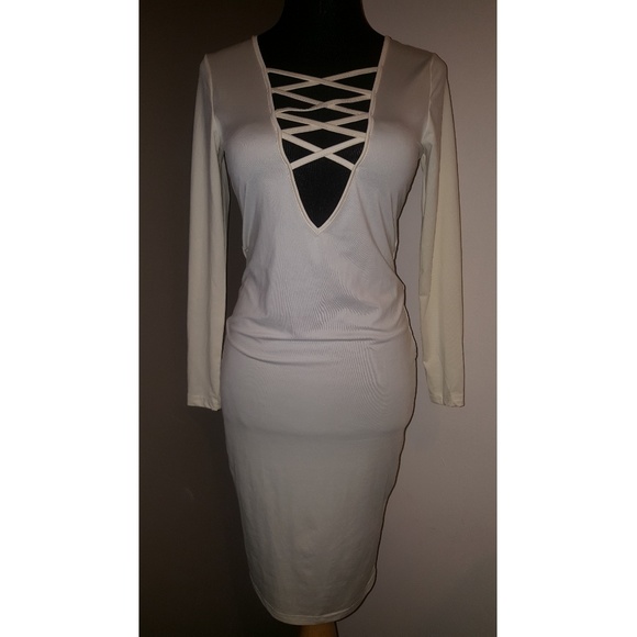 SOLD! Plunging bodycon dress nude sz small - Picture 2 of 3